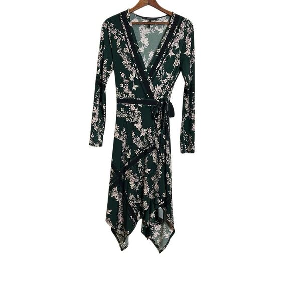 BCBGMaxazria Isabella Asymmetrical Floral Wrap Dress Green Black Size Small - Picture 2 of 7